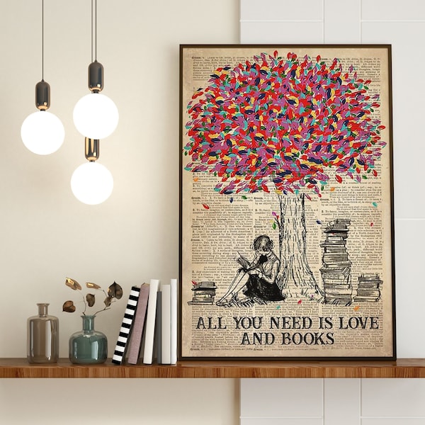 All You Need Is Love And Books Poster, Vintage Wall Art, Vintage Poster, Book Lover Poster, Reading Poster, Library Decor, Girl Love Reading