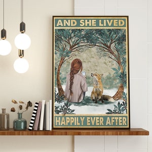 Love Foxes Poster, And She Lived Happily Ever After, Wildlife Fox Vintage Poster, Fox Art Print, Fox Lover Gift, Animals Art Decor