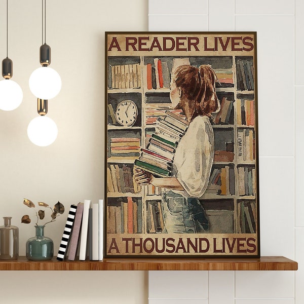 A Reader Lives A Thousand Lives, Bookish Gifts, Book Lover Poster, Reading Poster, Classroom Decor, Love Reading Gift, Book Lover Decor