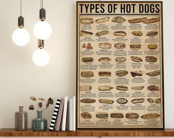 Types Of Hotdogs Poster, Kitchen Decoration, Bakery Wall Decor, Kitchen Wall Hanging, Hotdog Lover Gift, Knowledge Poster, Hot Dogs Wall Art