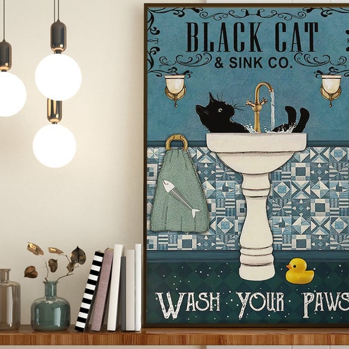 Black Cat Sink Co Poster Bathroom Wall Art Cat Lover Gift Etsy