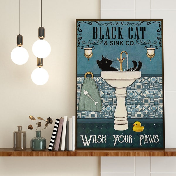 Black Cat Sink Co Poster, Bathroom Wall Art, Cat Lover Gift, Bathroom Wall Decor, Black Cat Print, Bathroom Art, Black Cat Art Decor