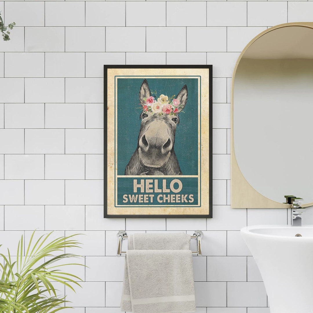 Funny Donkey Bathroom Vintage Poster, Donkey Hello Sweet Cheeks, Donkey