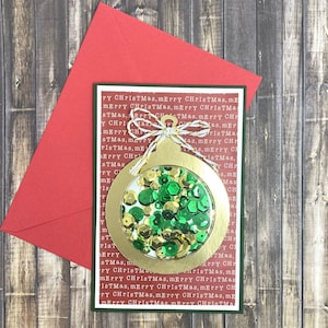 Cartão de felicitações feito à mão de Feliz Natal | Em branco por dentro, Cartão Shaker, Lantejoulas, Único, Boas Festas, Inverno, Cartões de Natal, Presente para ela