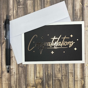 Tarjeta de felicitación hecha a mano para graduación, eventos, festividades, ascensos, nacimiento, cumpleaños, bodas, metalizada, interior en blanco.
