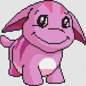 May include: A pink and red cartoon creature with big eyes and a white spot on its belly. The creature is smiling and has a friendly expression.