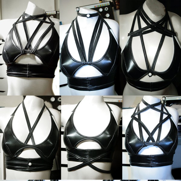 CAPRICIOUS, Futurist Witch Top, Convertible Bra, COLOR OPTIONS, Wet Look Spandex, Strappy Bondage Clubwear Croptop Bustier Fetish S&M Cage