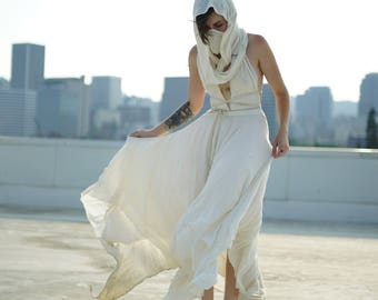 CAPRICIOUS Priestess Dress - Convertible Top Flowy Maxi Skirt Strappy Hood Cowl Dust Mask Handkerchief Hem Soft Comfy Bamboo or Tencel Knit