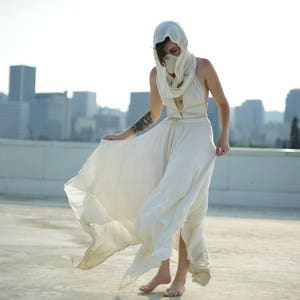 CAPRICIOUS Priestess Dress - Convertible Top Flowy Maxi Skirt Strappy Hood Cowl Dust Mask Handkerchief Hem Soft Comfy Bamboo or Tencel Knit