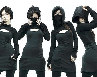 COGNITO Dress - Hooded Pocket Dress - One of a Kind - Shades of Black Texture - Extra Long Sleeves - Cowl Mask - Winter Warm Dress - Rogue