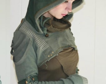 May include: A green hooded sweatshirt with a distressed, cropped design. The sweatshirt has a brown fabric lining and a brown fabric scarf attached to the neck.