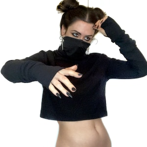 UMBRA Crop Turtle Neck - Made to Order - Large Hood, Cowl / Mask, Thumb Holes - Bamboo Cotton Hoodie Pullover Kangaroo Pocket