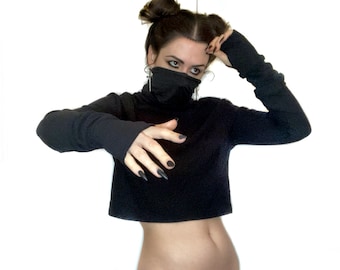 UMBRA Crop Turtle Neck - Made to Order - Large Hood, Cowl / Mask, Thumb Holes - Bamboo Cotton Hoodie Pullover Kangaroo Pocket