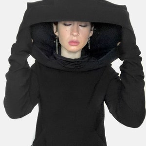 UMBRA Crop Hoodie - Made to Order - Large Hood, Cowl / Mask, Thumb Holes - Bamboo Cotton Crop Pullover Kangaroo Pocket