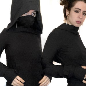 UMBRA Hoodie - Made to Order - Large Hood, Cowl / Mask, Thumb Holes - Bamboo Cotton Crop Pullover Kangaroo Pocket