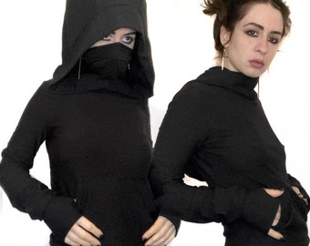 UMBRA Hoodie - Made to Order - Large Hood, Cowl / Mask, Thumb Holes - Bamboo Cotton Crop Pullover Kangaroo Pocket