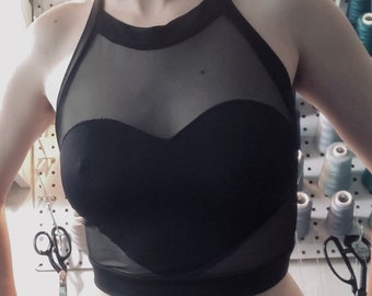 EROS Halter Crop Top, Color Options, Hearts, Sheer Mesh and Cotton Lycra, Handmade Gift for Her