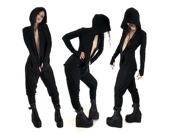 SloMo SpeedSuit- Zip-up Hoodie Onesie: Black Modal Fleece - Pockets - Unisex Jumpsuit - Comfy - Cozy - Soft -