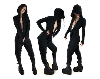 SloMo SpeedSuit - Zip-up Hoodie Onesie - Black Modal Fleece - Pockets - Unisex Jumpsuit - Comfy - Cozy - Soft -