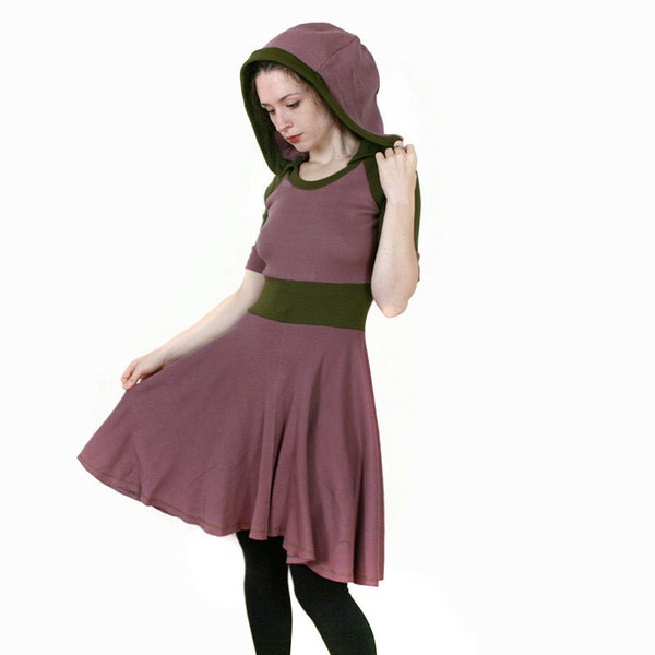 ARCHER - Hooded Dress - LAST ONE - Full Circle Dress Raglan 3/4 Sleeves -Limited Edition-Vintage Rose-Skater Dress