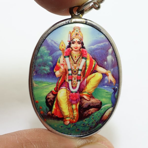 Lord Murugan amulet Big pendant Muruga Kartikeya Skanda God of War locket rope necklace lucky bless Hindu deity win all obstacle charm chain