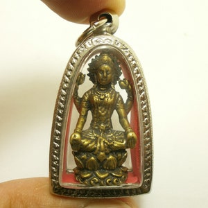 Laxmi Hindu Goddess Brass Amulet: Thai Wealth Magic Pendant