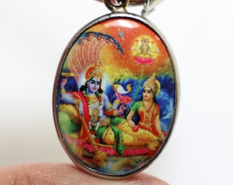 Lord Vishnu the preserver Maa Laxmi Lakshmi Hindu God Goddess pendant locket necklace rich money wealth success protection cross obstacles