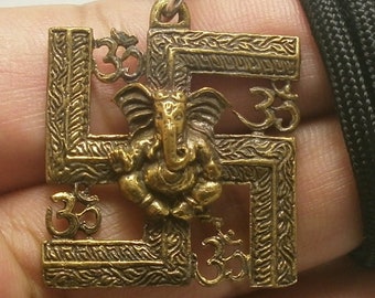 Lord Ganesha Brass Amulet: Thai God of Success Rope Necklace