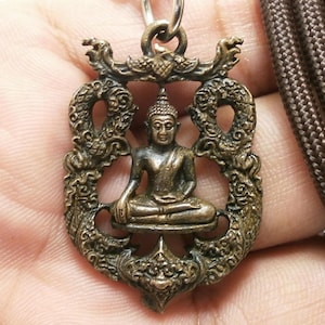 Thai Buddha Amulet Brass Pendant - Good Luck Charm, 24&quot; Rope Necklace