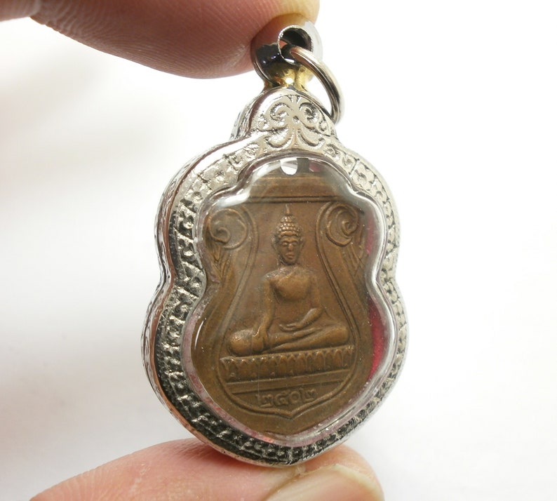 Luangpoo Wat Groakgrak Buddha Yant coin pendant blessed in 1959 2502 BE bring peaceful life wealth success lucky good health amulet locket