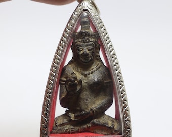 Khmer Buddha Amulet Pendant: Antique Metal Talisman for Luck & Health