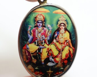 Collar con colgante grande de Lord Vishnu y Mahalakshmi: amuleto del dios hindú Om Fujii Kaze