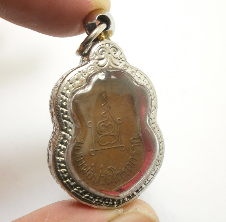 Luangpoo Wat Groakgrak Buddha Yant coin pendant blessed in 1959 2502 BE bring peaceful life wealth success lucky good health amulet locket