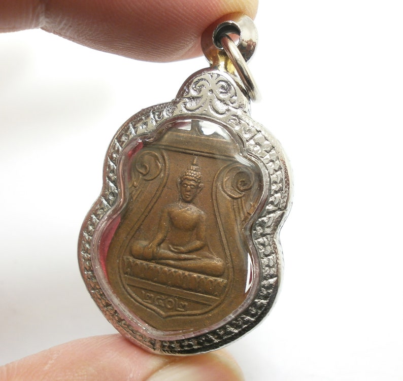 Luangpoo Wat Groakgrak Buddha Yant coin pendant blessed in 1959 2502 BE bring peaceful life wealth success lucky good health amulet locket