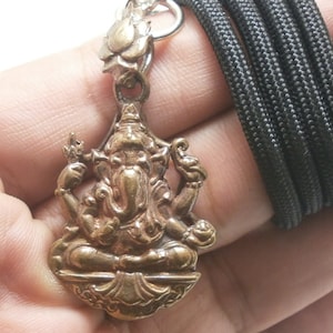 Lord Ganesha Pendant: Thai Amulet, LP Kloy, Black Rope Necklace
