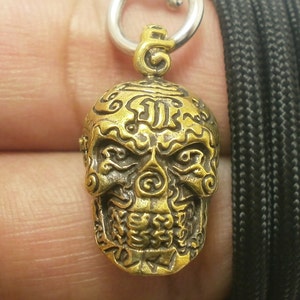 LP Lek Brass Skull Amulet: Thai Luck Pendant Necklace