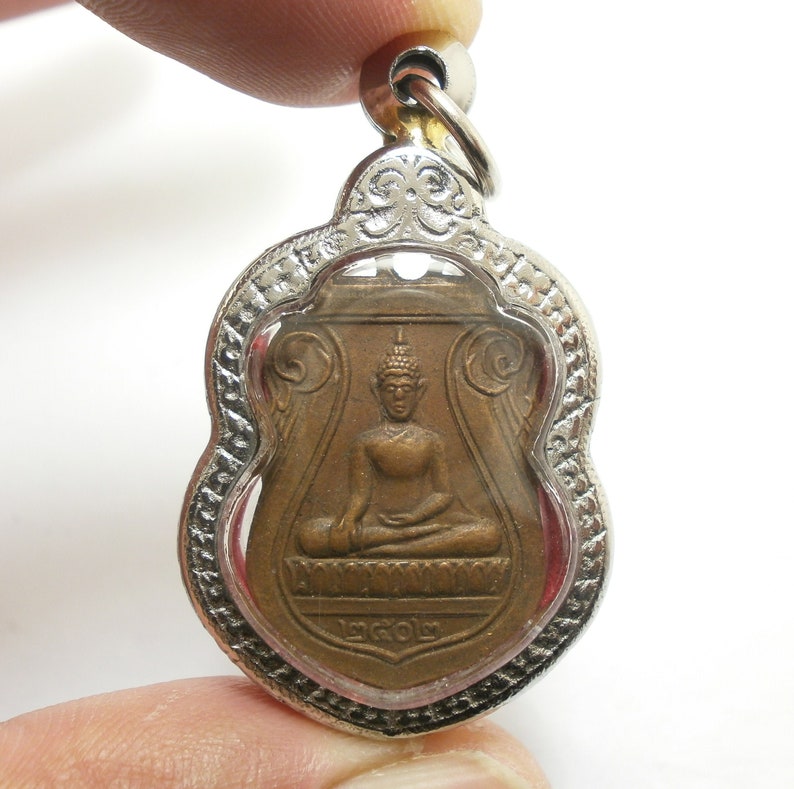 Luangpoo Wat Groakgrak Buddha Yant coin pendant blessed in 1959 2502 BE bring peaceful life wealth success lucky good health amulet locket