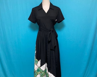 US 8, Vintage silk black kimono dress, wrap dress, tomesode, upcycled, delicate embroidered