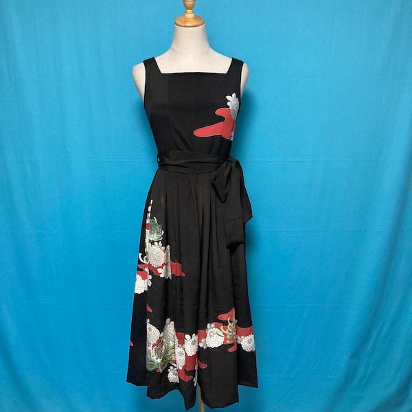 US 6, Vintage silk kimono dress, tomesode, black dress, square neckline, up cycled, embroidered