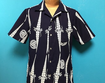 1960's silk kimono shirt upcycled US S blue Japanese kimono Hawaiian shirt