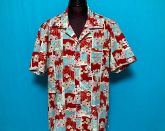 US L, Japans katoenen kimonoshirt, Hawaiiaans shirt, aloha shirt, kersenbloesem, yukata