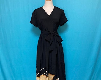 US 10, Vintage black silk kimono dress, wrap dress, tomesode, upcycled, delicate embroidery