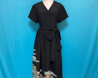 US 12, Vintage black silk kimono dress, wrap dress, tomesode, upcycled, delicate embroidery