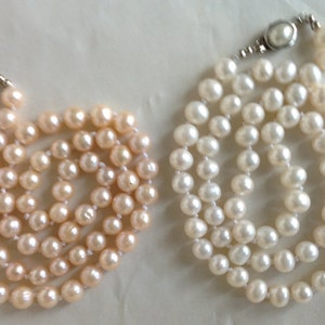 Freshwater pearl necklace, natural pearls, beautiful white and pink, 7-9 mm, near round or rice round. Gift for Her.