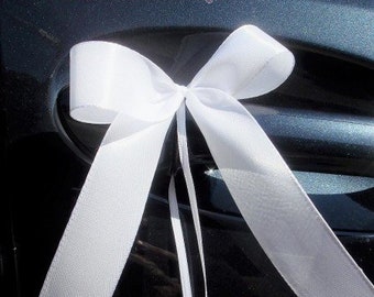 Può includere: Fiocco di nastro di raso bianco legato su un'auto nera. Il fiocco ha una lunga coda che pende lungo il lato dell'auto. Il sito web www.unserechoenstertag.de è visibile nell'angolo in alto a sinistra dell'immagine.