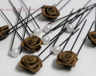 12x Haarschmuck Rosen braun & Perlen weiß HS0005