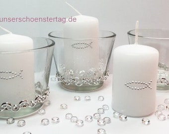 SET : 3 Kerzen & 3 Gläser Tischdekoration Hochzeit VK006