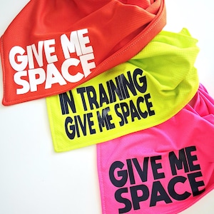 May include: Three triangular pet bandanas in bright orange, neon yellow, and hot pink mesh fabric. The orange bandana features white text reading GIVE ME SPACE. The yellow one has black text reading IN TRAINING GIVE ME SPACE. The pink one has black text reading GIVE ME SPACE.