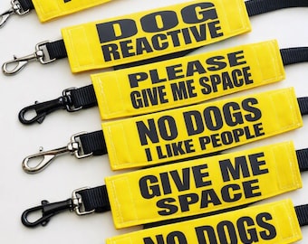 May include: Six bright yellow rectangular leash sleeves with black text. The text reads: REACTIVE, DOG REACTIVE, PLEASE GIVE ME SPACE, NO DOGS I LIKE PEOPLE, GIVE ME SPACE, and NO DOGS. Each sleeve is attached to a black nylon leash with a metal clip.