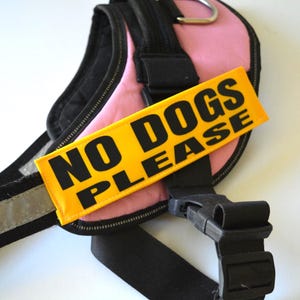 May include: A pink and black dog harness featuring a yellow patch with the text "NO DOGS PLEASE" in black. The harness includes a reflective strip and a black plastic buckle.